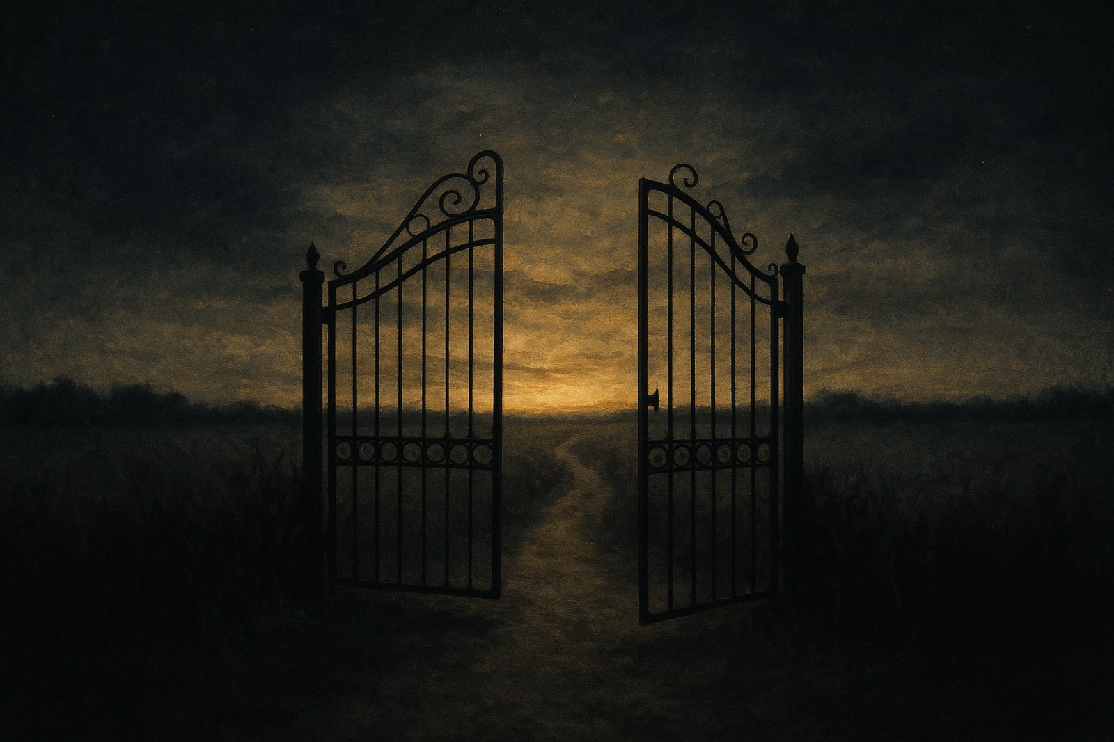 Peaceful rural landscape with open gate and sunset sky, highlighting a dirt path through farmland.